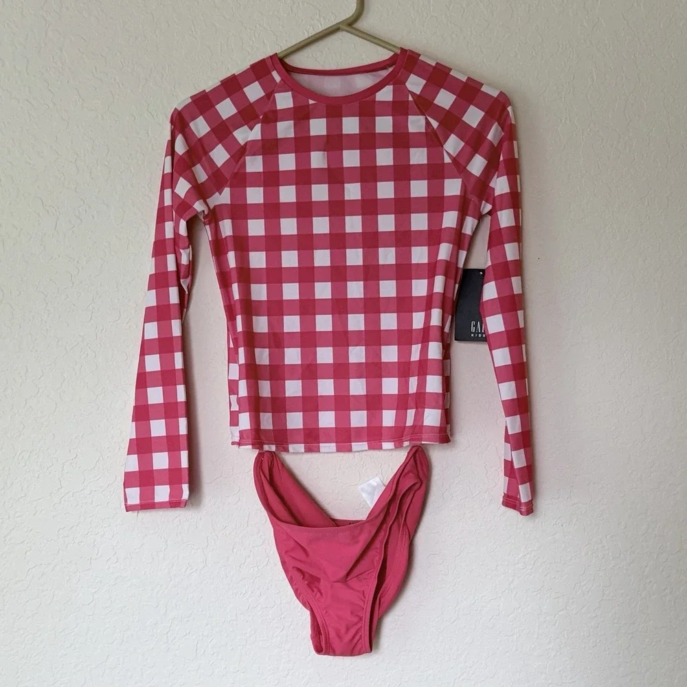NWT GAP Girls Swimsuit Rashguard Swim Set XL UPF Gingham Pink White New 2 Piece